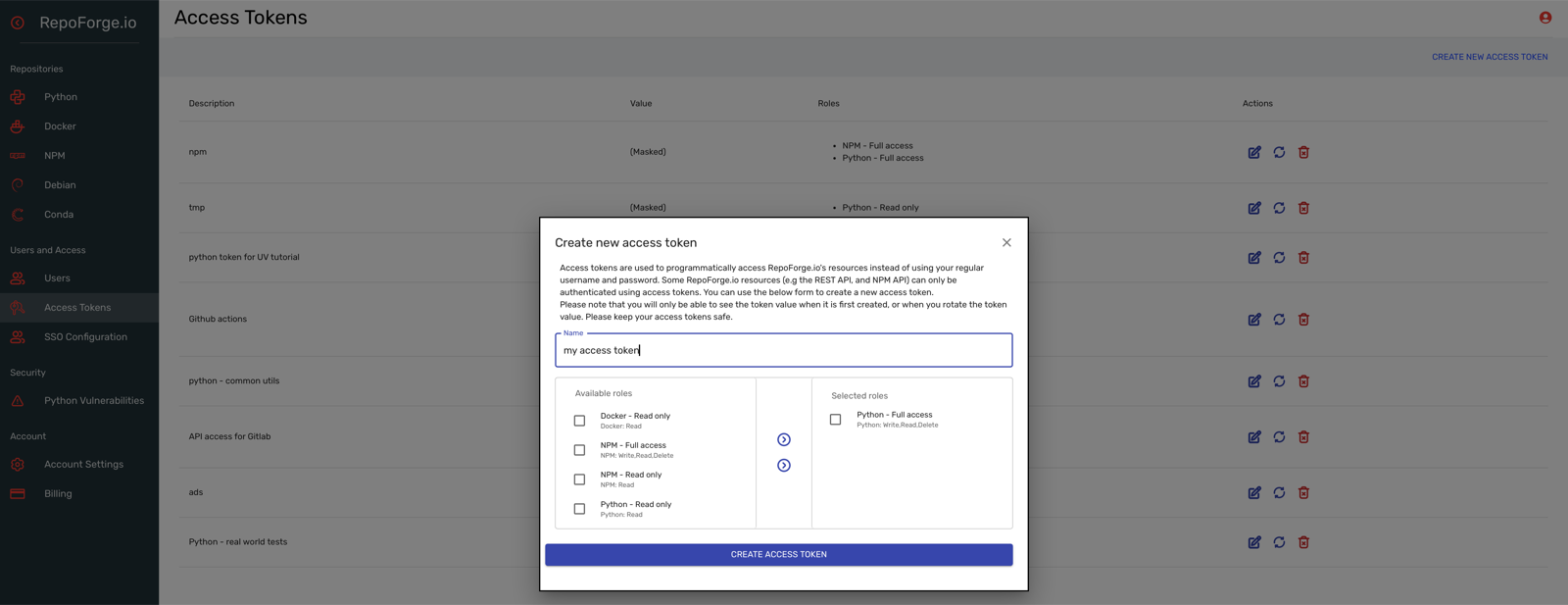 Creating a Python repository access token in RepoForge.io dashboard